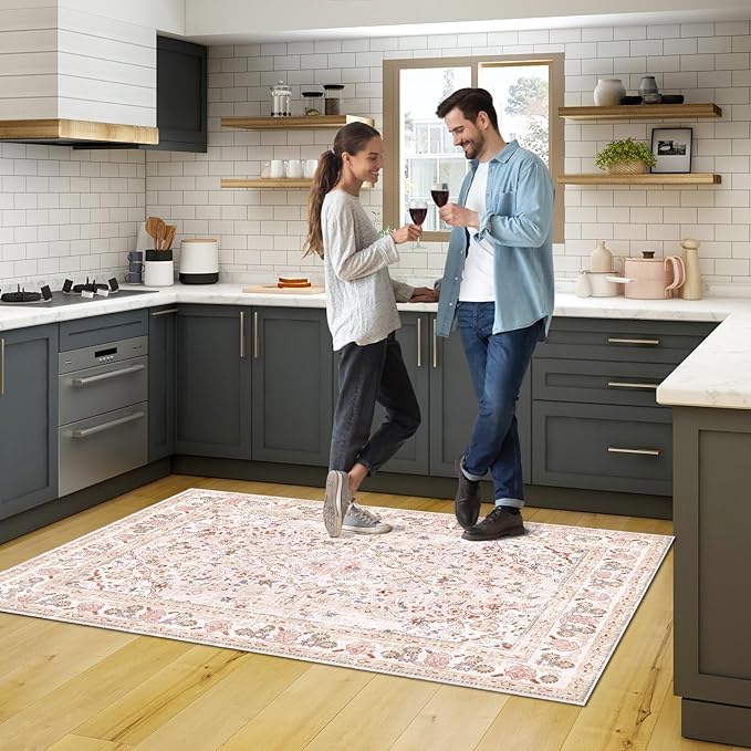 Vhong Pink Area Rugs Washable Boho Vintage Modern Neutral Small Carpet 4×6 High Traffic Rugs for Dinning Room Living Room Bedroom Girls' Room Nursery Room Non Slip