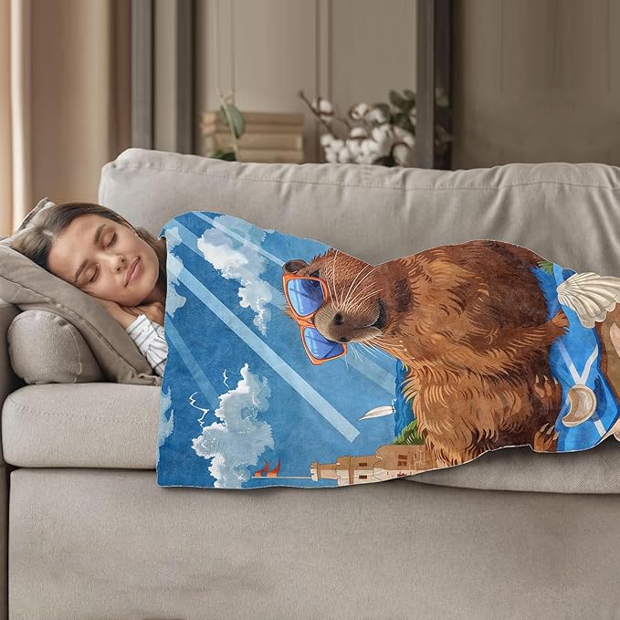 Fun Capybara Beach Pattern Throw Blanket 50"x60", Quirky Animal Lover Blankets for Living Room Decor, Cozy Flannel Polyester Capybara Gifts for Women Kids