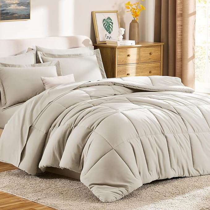 CozyLux King Size Comforter Set Beige - 7 Pieces Bed in a Bag King, Okeo-Tex Certifited Bedding Set, All Season Soft Bed Set with Down Alternative Comforter, Sheets, Pillowcases & Pillow Shams