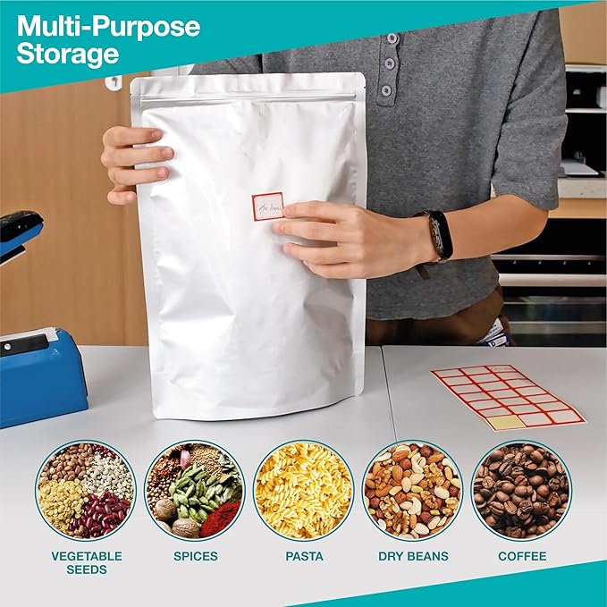 BELLE KR® 50 Pcs 1 Gallon Mylar Bags for Food Storage - 9.5 mil - Stand-up Gal Mylar Bags Reseaable - Includes Label
