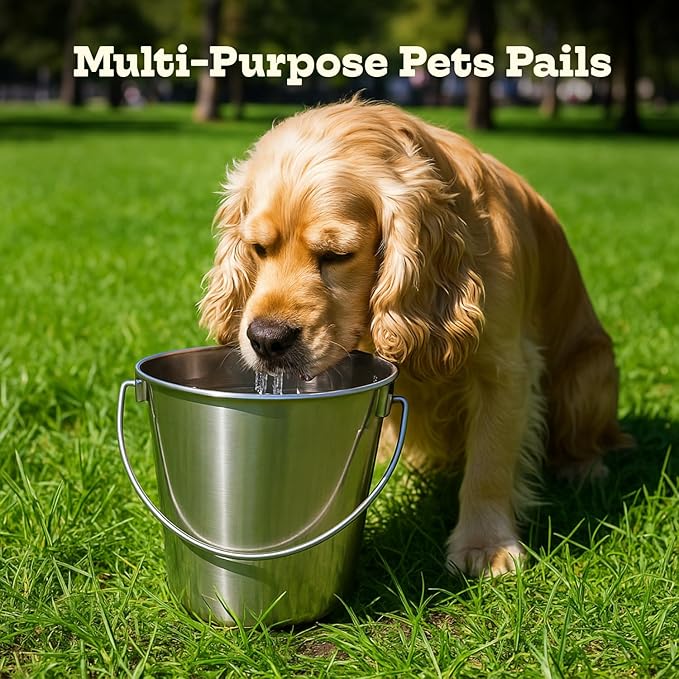 9 quart Heavy Duty Stainless Steel Round Bucket with Handle | 2.25 gal Sturdy Food & Water Bowl for XL Dog Goat sheep Horse & Livestock | Fits kennel Crate Farm | Hanging Utility Pet Pail