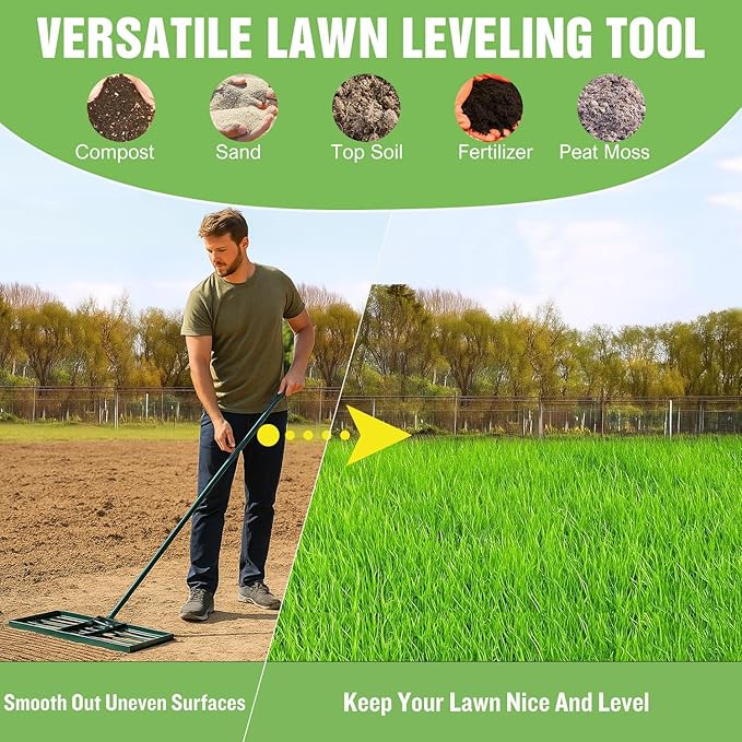 Yesker Lawn Leveling Rake 36 Inch for Soil Yard Leveling Rake with 36"x10" Ground Plate 72" Steel Handle Effort-Saving Heavy Duty Ground Leveler Tool for Backyard Garden Farm Golf Course Landscaping