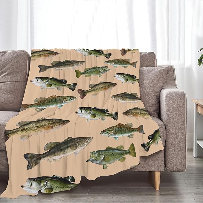 Fish Bass Blanket Decor Gifts for Fishing Lovers, Flannel Fleece Fuzzy Throw Blanket, Soft Warm Cozy Plush Ocean Animal Blankets for Bed Couch Living Room Stuff Decoration for Kids Adult Man 50"x40"