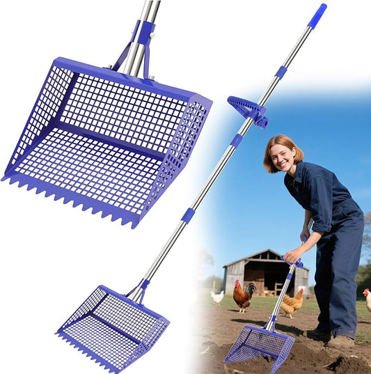 Chiken Coop Scoop 2-in-1 Chicken Poop Scooper & Rake Sand Sifting Litter Shovel for Chicken Coops Animal Farms Pet Waster Cleaning Tools Multifunctional Litter Sifting Shovel (35 to 65")