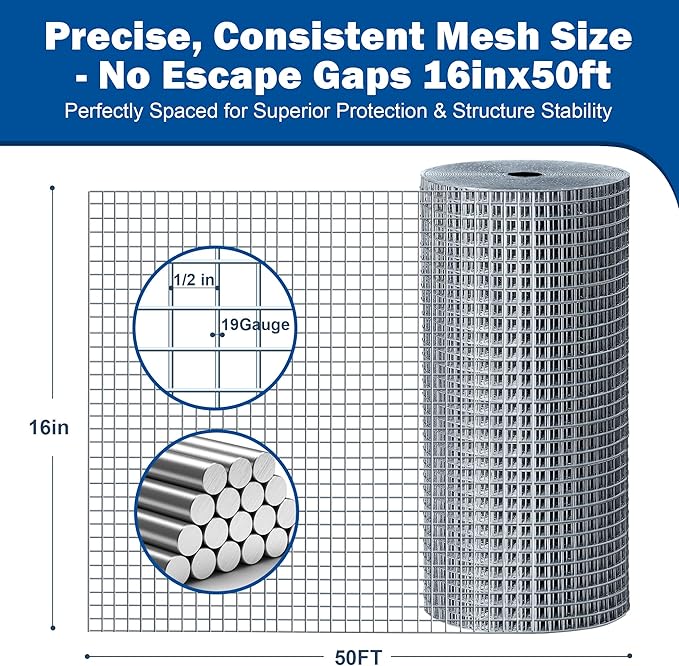 Galvanizing Hardware Cloth 1/2" x 1/2" 16 in x 50 ft, 19 Gauge Chicken Wire Fence, Welded Wire Fencing Mesh Roll with Cutting Plier & Gloves for Garden, Coop & Pet Enclosures