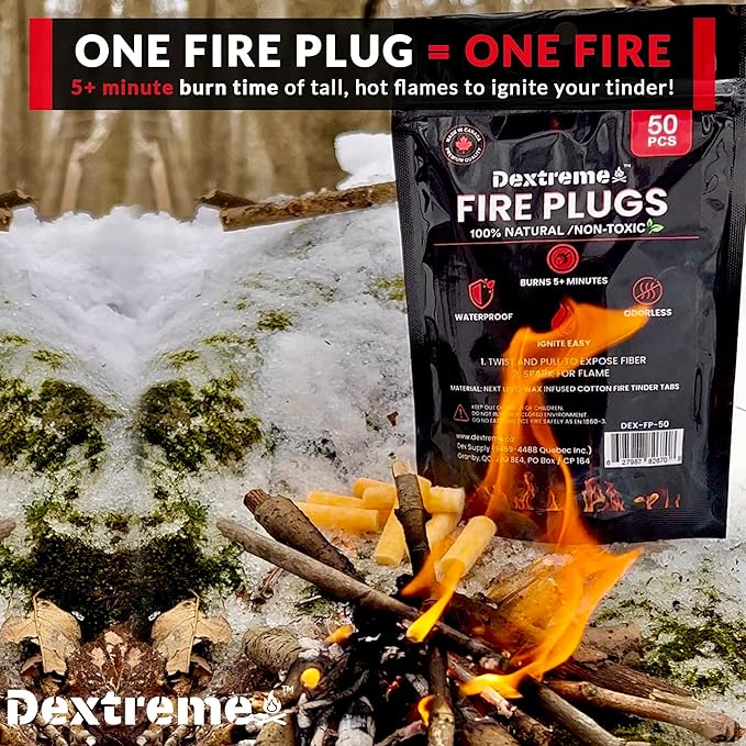 Dextreme Fire Plugs Waterproof Fire Starter for Campfires, Emergencies, Survival, Fire Pits, Grills | 5+ Minute Burn | All Natural | Made in North America