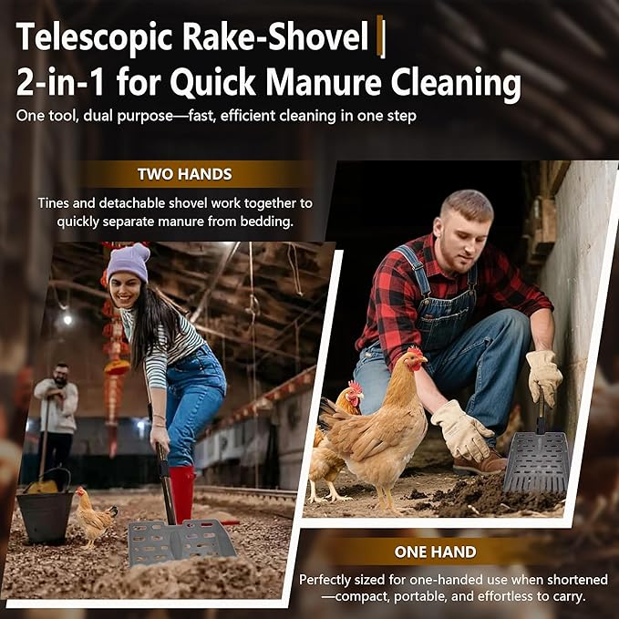 Telescopic Chicken Poop Scooper & Rake 2-in-1 Chicken Litter Scoop for Chicken Coops & Small Farm Animals Sand Sifting Litter Shovel (Gray)