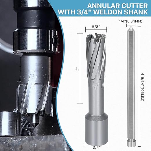 KEENTECH 2-PC Carbide-Tipped Annular Cutter Set, 5/8" Dia x 2" Depth, 3/4" Weldon Shank (2 Flat), High Speed Cutting TCT Mag Drill Bit with Pilot Pin for Harder Material