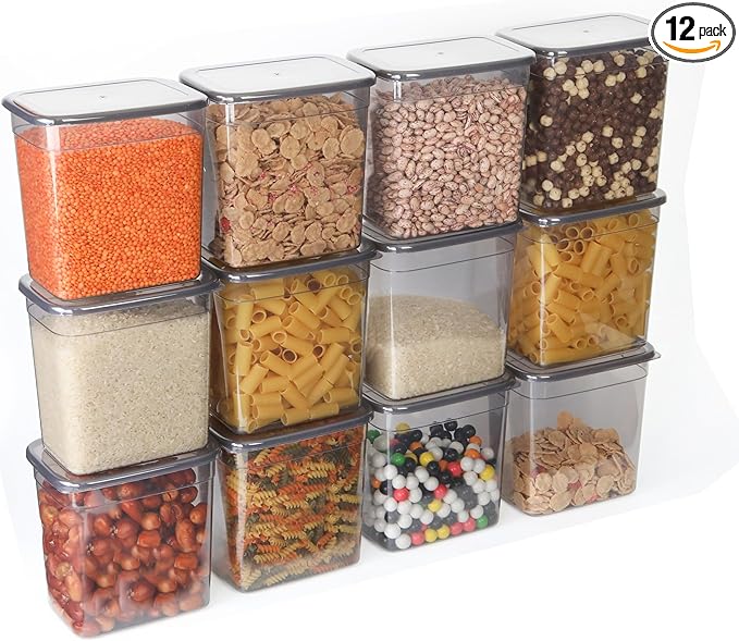 T&D HOME GOODS Storage Jars with Lid, Airtight, Set of 12 Storage Containers, BPA-Free, Storage Container for Cereal, Flour, Kitchen, Practical Organiser Kitchen, (12, Rectangular)