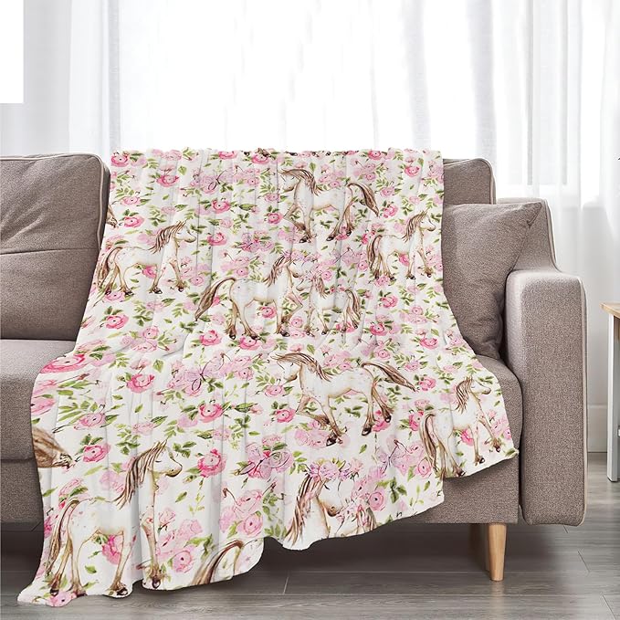 Horse Floral Blanket Pink Cute Horse Baby Throw Blanket Super Soft Plush Lightweight Warm Fleece Flannel Decor Blanket Gifts for Girls Women Boys Men Kids for Sofa Couch Bed 40"X50"