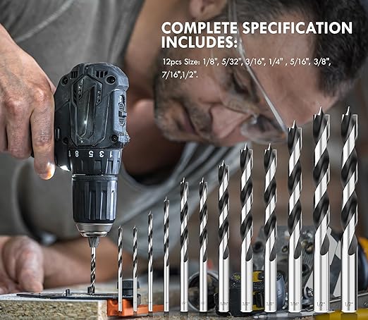 Brad Point Wood Drill Bit Set, 12Pcs Drill Bit Set with Double Flutes Design for Carpenter Woodworking and All Types of Wood (1/8" - 1/2")