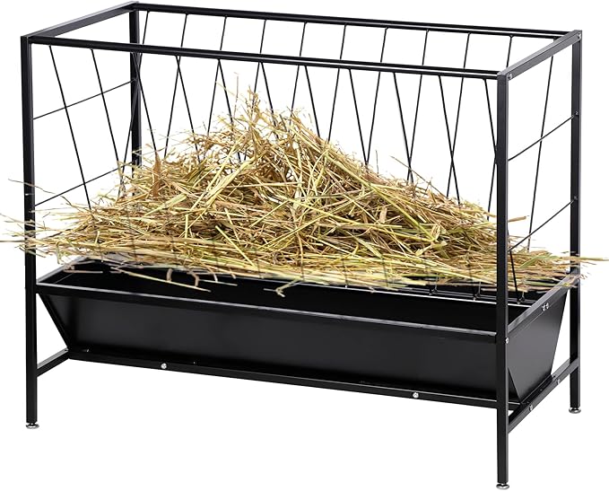 Pasture Hay Feeder 45 Gallon, Heavy-Duty Hay Grain Livestock Feeder with 24 Gallon Feed Pan, Livestock Feeding Trough Quick to Assemble, Feeding Goats, Calves, Cow, Horse for Farms
