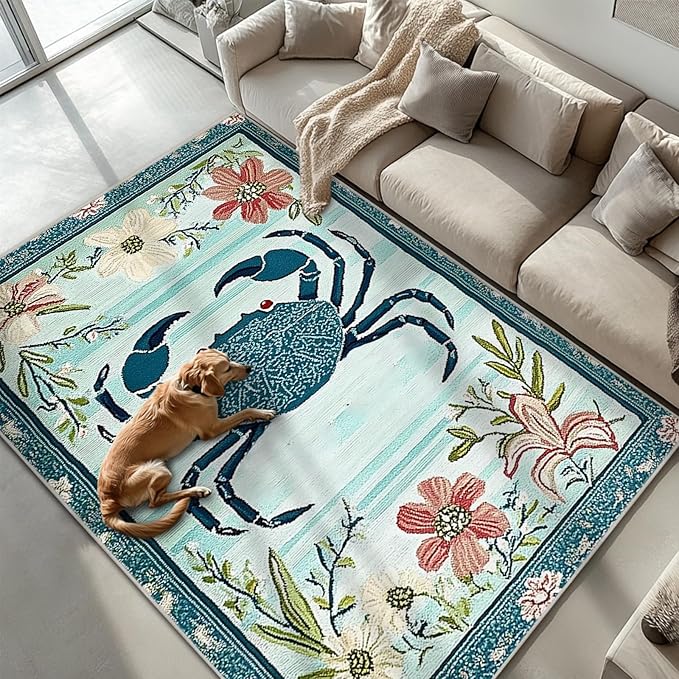 5x7 Crab Area Rugs Boho Teal Rug for Living Room Indoor Soft Non-Slip Thin Large Carpet Floral Flower Rugs for Bedroom Home Decor Under Table Washable Machine