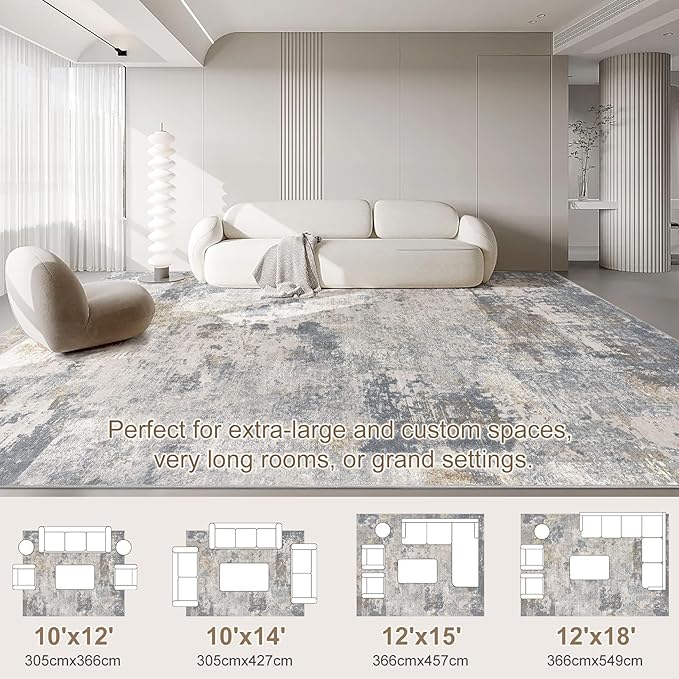 12x18 Area Rug Living Room Rugs - Washable Large Neutral Modern Abstract Soft Thin Rug Indoor Floor No Slip Rug Carpet for Bedroom Under Dining Table Home Office Decor - Blue Grey