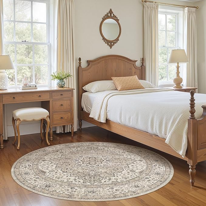 Washable 5 Ft Round Area Rug - 5x5 Area Rugs for Living Room Bedroom Dining Room Home Office Floor Decor- Vintage Floral Stain & Fade Resistant Non-Slip Backing Carpet(Brown/Beige)