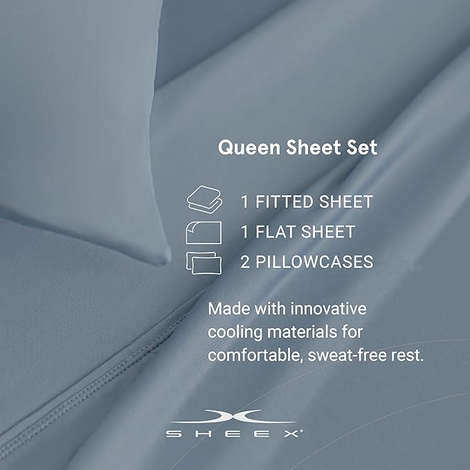 SHEEX - Active Comfort Cooling Sheets Set (Queen) Silver Cloud - Moisture Wicking - 1 Flat Cooling Sheet, 1 Fitted Cooling Sheet, 2 Cooling Pillow Covers - Wrinkle Free - Sleep Aid