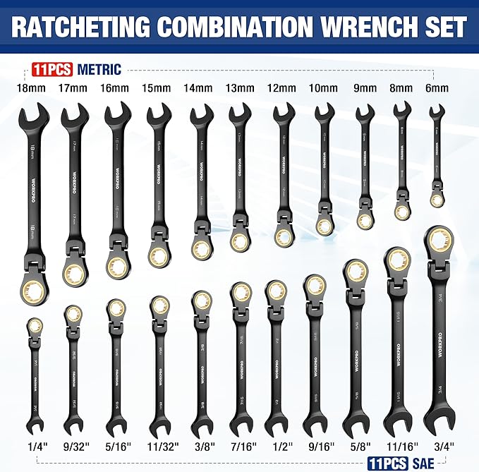 WORKPRO 22-piece Ratcheting Wrench Set with 180° Flex Head, Anti-Slip Tooth, Combination Wrench Sets with Organizer Box, Metric 6-18mm & SAE 1/4-3/4", Black Electrophoretic Coating