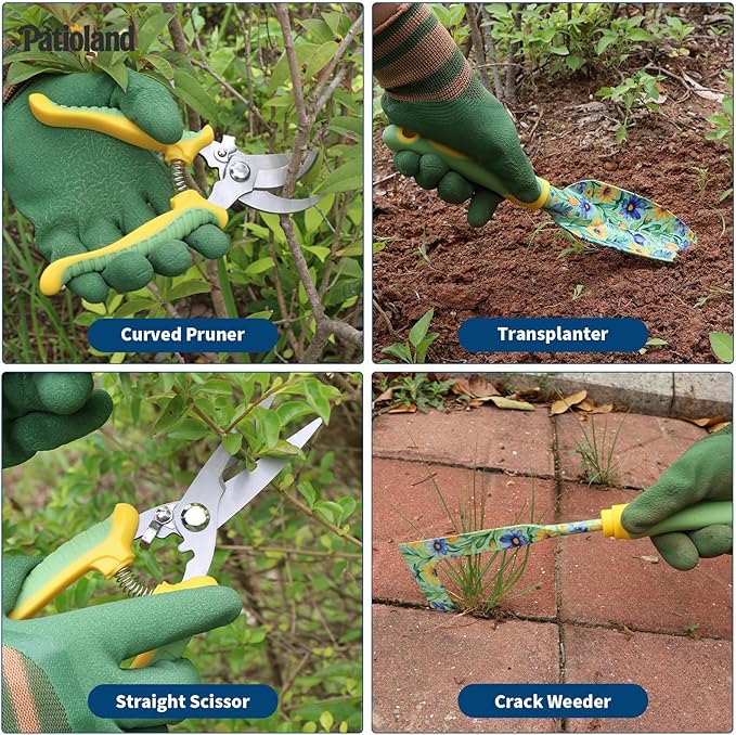 10-Piece Garden Tool Set – Green Floral Gardening Hand Tools with Non-Slip Handles, Heavy Duty Rust-Proof Aluminum Tools, Organizer Tote Bag, Ideal Gardening Gifts for Women & Grandma