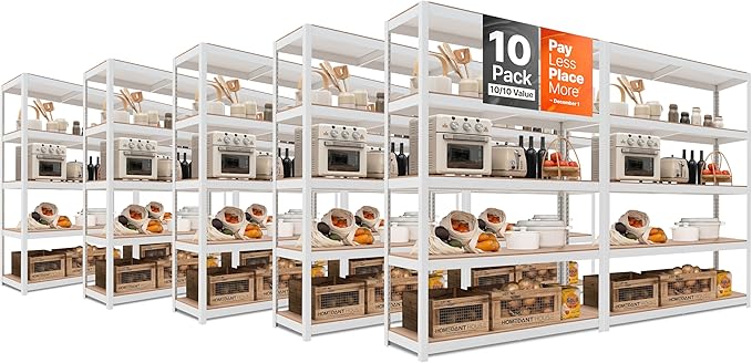 HOMEDANT House 5 Tier Laminated Metal Shelving Unit Adjustable Storage Utility Rack Heavy Duty Shelves Organization Multipurpose Shelf Kitchen Garage Pantry Closet (10, (XL Deep) 48.1" W, White)