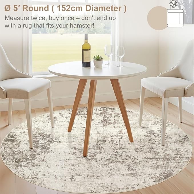 5ft Round Area Rug Living Room Rugs - 5x5 Washable Neutral Modern Abstract Soft Thin Rug Indoor Floor No Slip Rug Carpet for Bedroom Under Dining Table Home Office Decor - Dark Brown