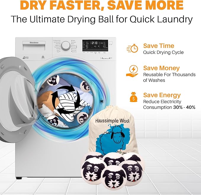 Wool Dryer Balls 6-Pack 100% Natural New Zealand Wool, Handmade in Nepal Reusable Laundry Balls, Faster Drying, Softer Clothes, Anti-Static, Dryer Sheets Alternative (Black White, Dog)