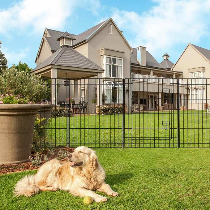 INJOPEXI Decorative Fence 12 Panels 23.6ft (L)30in (H), Metal Fence 11 Panels + 1 Gate Rustproof Wire No Dig Temporary Animal Barrier Fencing for Yard Outdoor Patio