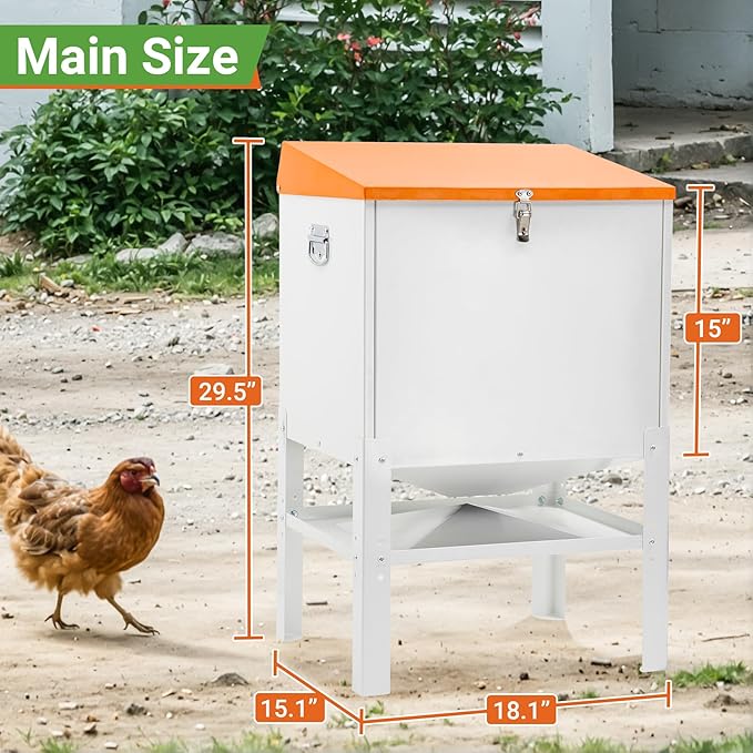 Chicken Feeder, 85LBS Capacity Metal Poultry Feeder (18” x 15.1” x 29.5”) for 16 Chickens, Powder-Coated Steel Feeder w/Waterproof Lid and Stainless Handles