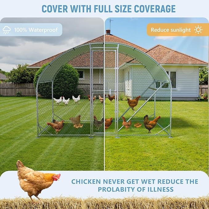 Large Chicken Coop,10x6.5x6.5FT Metal Chicken Run for Yard with Feeding Door, Round Top Walk-in Chicken Pen,Outdoor Poultry Cage with Anti-UV Cover,Rabbit Duck House