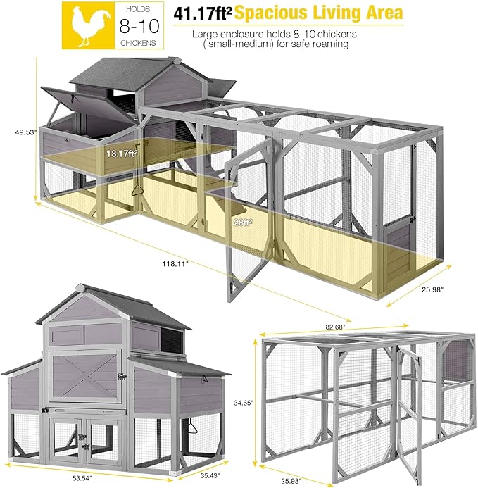 Aivituvin Large Chicken Coop 118" L Hen House Duck Cage for 8-10 Chickens 41.3 ft² with Spacious Run, 6 Nesting Box, 6 Raised Perches