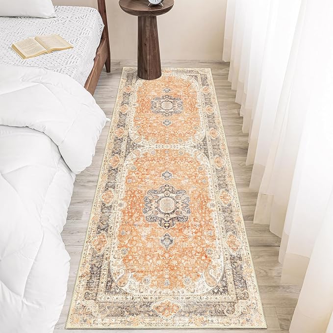 Washable Runner Rug 2x6,Boho Rug Runners Non Slip,Long Rugs for Hallways Kitchen Bedroom Entryway Bathroom,Vintage Bohemian Distressed Farmhouse Floor Carpet,Retro Orange Grey Floral