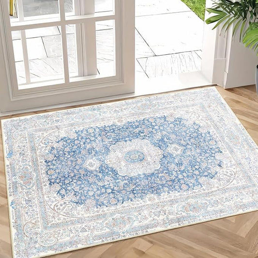 Small Rugs 2x3,Blue Rug for Entryway Bathroom Bedroom Kitchen Entrance Doormat,Boho Vintage Bohemian Distressed Washable Accent Floor Throw Carpet Non Slip,Floral