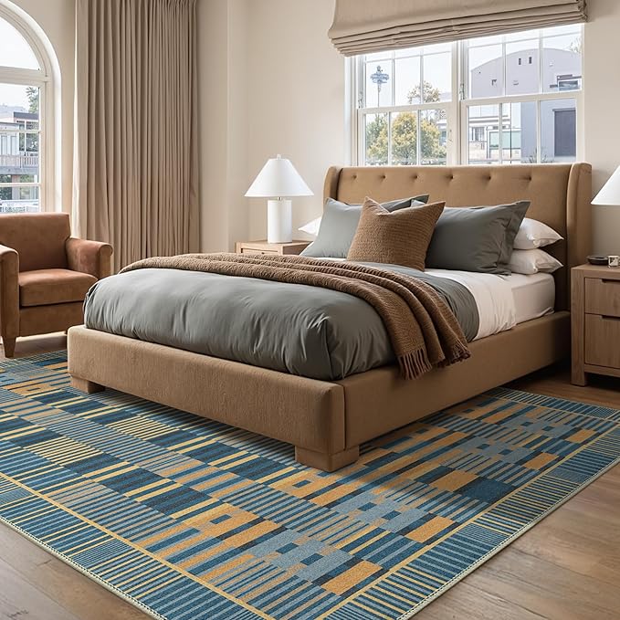 GENIMO Machine Washable 5x7 Area Rugs for Living Room, Non Slip Vintage Rugs, Low Pile Lightweight Chenille Print Rug for Bedroom, Dining Room, Home Office, Navy Blue