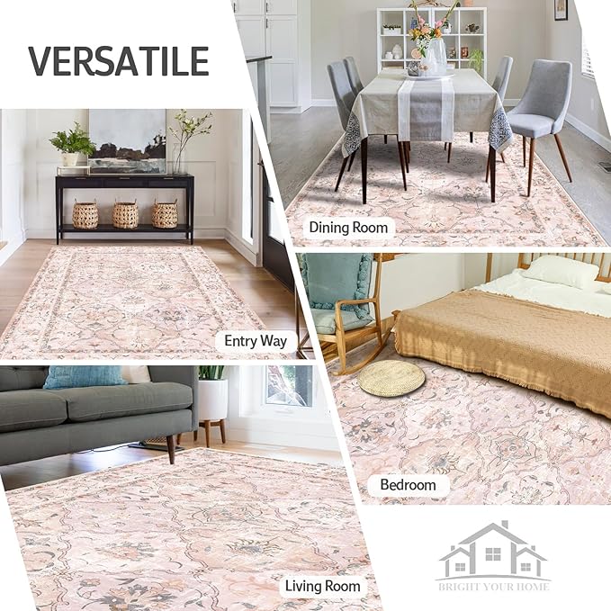 Boho Vintage Area Rugs 3×5 Washable Non-Slip Traditional Pink Area Rug for Nursery Living Room Bedroom Dining Room Girls' Room