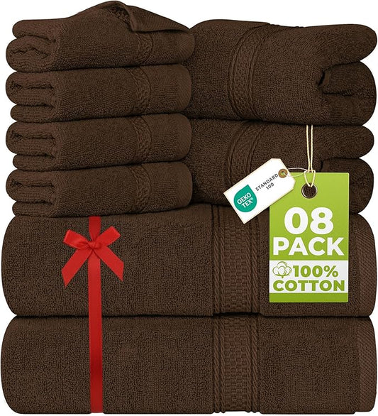 Utopia Towels 8-Piece Premium Towel Set, 2 Bath Towels, 2 Hand Towels, and 4 Wash Cloths, 600 GSM 100% Ring Spun Cotton Highly Absorbent Towels for Bathroom, Gym, Hotel, and Spa (Brown)