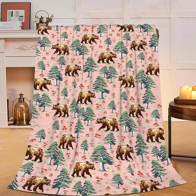 Bear Blanket Rustic Forest Bear Throw Blanket Super Soft Plush Lightweight Warm Fleece Flannel Mushroom Log Cabin Decor Blanket Gifts for Baby Kids Girls Women Boys for Sofa Couch Bed 60"X80"