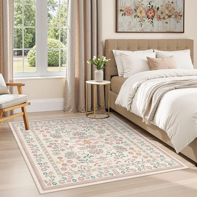 Square Area Rugs : Washable 5x5 Floral Carpet for Living Room Bedroom - Soft Floor Mat with Non Slip Backing for Kitchen Nursery Dorms Farmhouse Home Decor - Pink