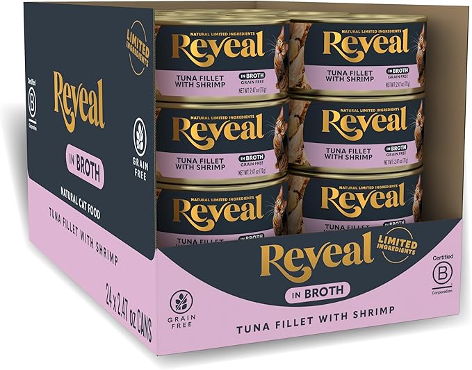 Reveal Natural Wet Canned Cat Food, Limited and Natural Ingredients, Grain Free, High Protein with No Artificial Additives, Tuna Fillet with Shrimp in Broth (24 x 2.47 oz Cans)