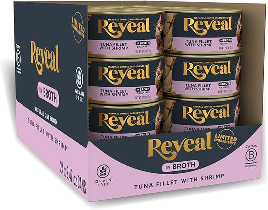 Reveal Natural Wet Canned Cat Food, Limited and Natural Ingredients, Grain Free, High Protein with No Artificial Additives, Tuna Fillet with Shrimp in Broth (24 x 2.47 oz Cans)