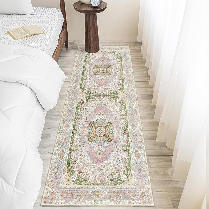 Washable Runner Rug 2x6,Pink Rug Runners Non Slip,Long Boho Rugs for Hallways Kitchen Bedroom Entryway Living Room Bathroom,Vintage Bohemian Distressed Floor Carpet,Blush Green