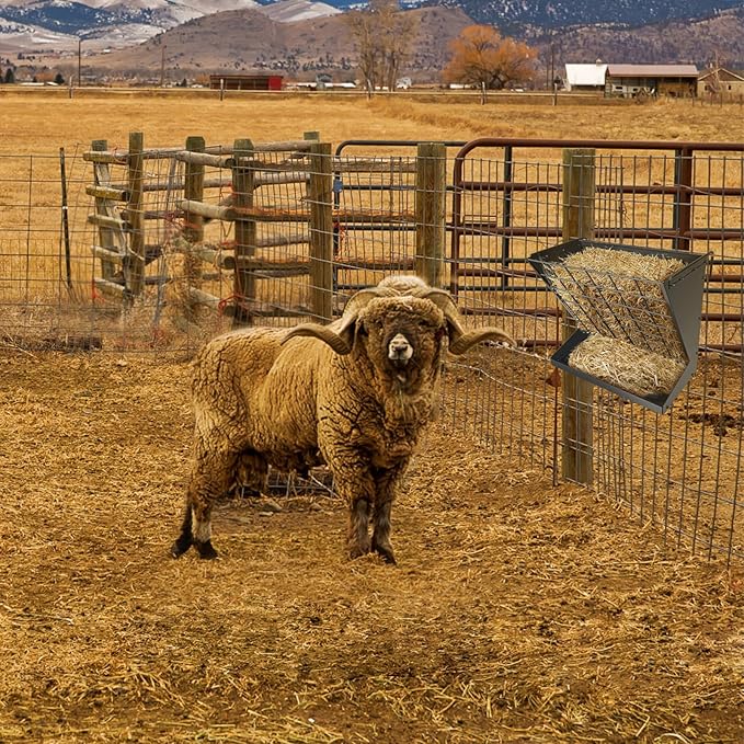 Wall Mount Hay Rack, Heavy-Duty Galvanized Metal 2 in 1 Hay and Grain Feeder, Livestock Feeder with Adjustable Distance, Hay Feeder for Goats, Sheep, Horse