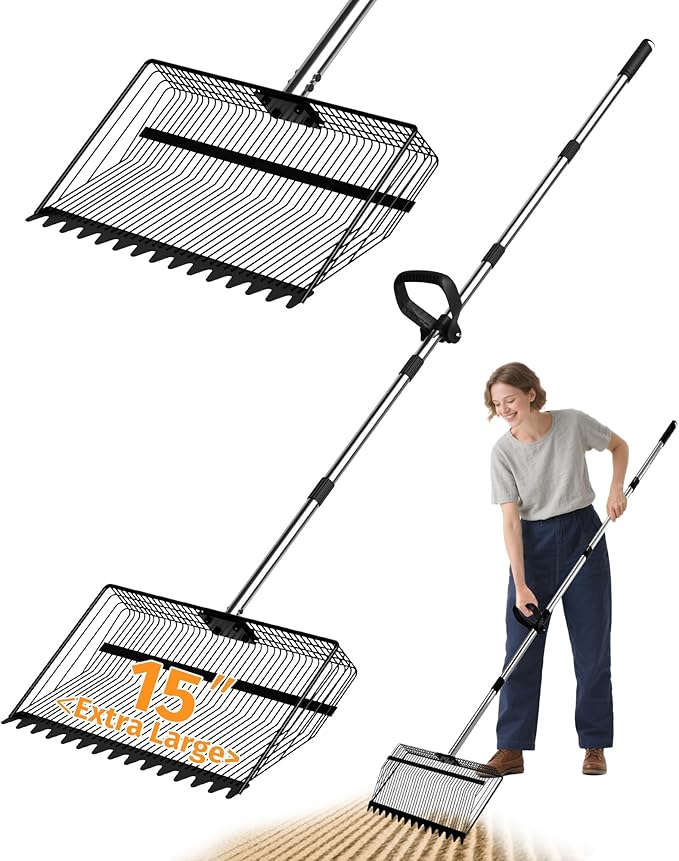 2-in-1 Chicken Poop Scooper & Rake, 15" Heavy-Duty Litter Sifter with 36–75" Stainless Steel Handle, Sand Sifting Shovel & Cleaning Tool for Chicken Coops and Runs, U.S. Patented