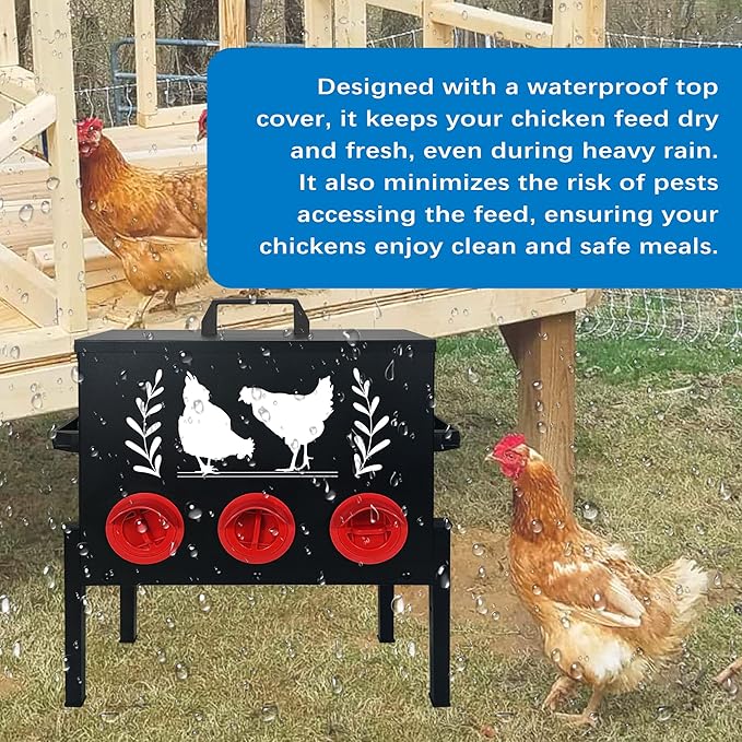 Chicken Feeders, 30 lb Capacity 6 Port Automatic Chicken Feeder, Metal Chick Feeder with Locking Lid and Legs, Chicken Feeder for Chickens, Ducks, Geese(Black)
