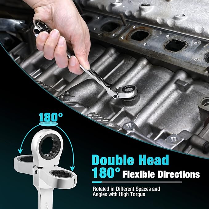 DURATECH 12-in-1 Flex-Head Ratcheting Wrench Set & 24-in-1 Screwdriver Set, Double Box End Wrench 8-19mm, 1/4" Drive Adapter with 24PCS Driver Bits, CR-V Steel, with Tool Box