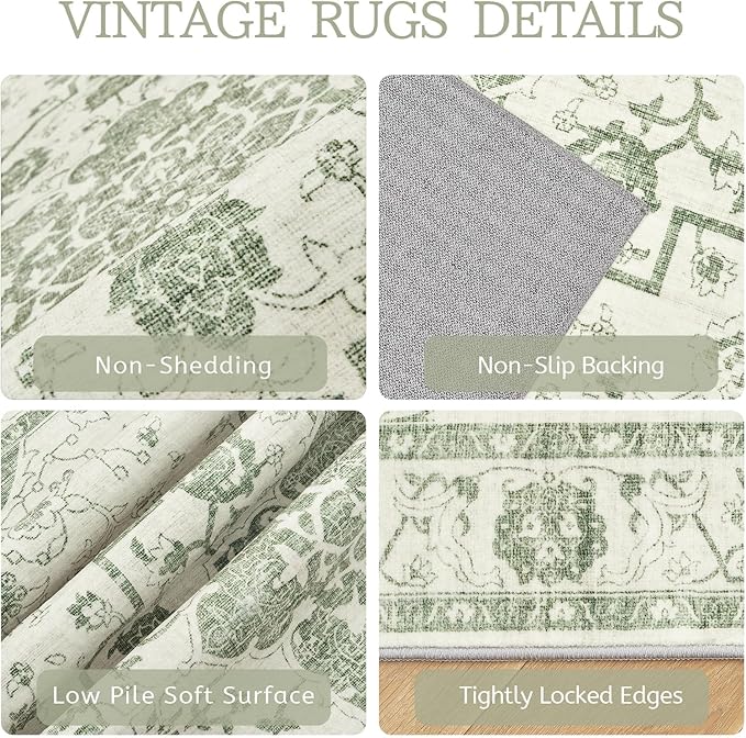 Madane 8x10 Area Rugs for Living Room, Machine Washable Vintage Beige Rug with Non-Slip Backing, Soft Throw Large Rug, Thin Carpet for Bedroom Dining Room Farmhouse Under Table, Green/Ivory