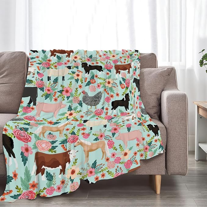Cow Horse Blanket Super Cozy Soft Pig Goat Blanket Warm Plush Fluffy Chicken Flower Stuff Gifts for Women Girls Fleece Flannel Gift Blankets for Kids Adults 80"X60"