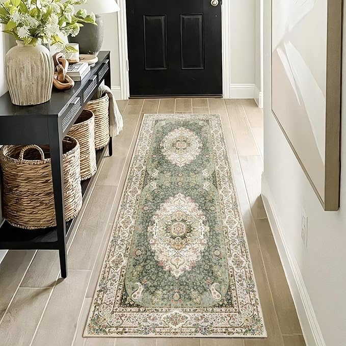 Washable Runner Rug 2x6,Green Rug Runners Non Slip,Long Boho Rugs for Hallways Kitchen Bedroom Entryway Living Room Bathroom,Vintage Bohemian Distressed Floor Carpet,Floral
