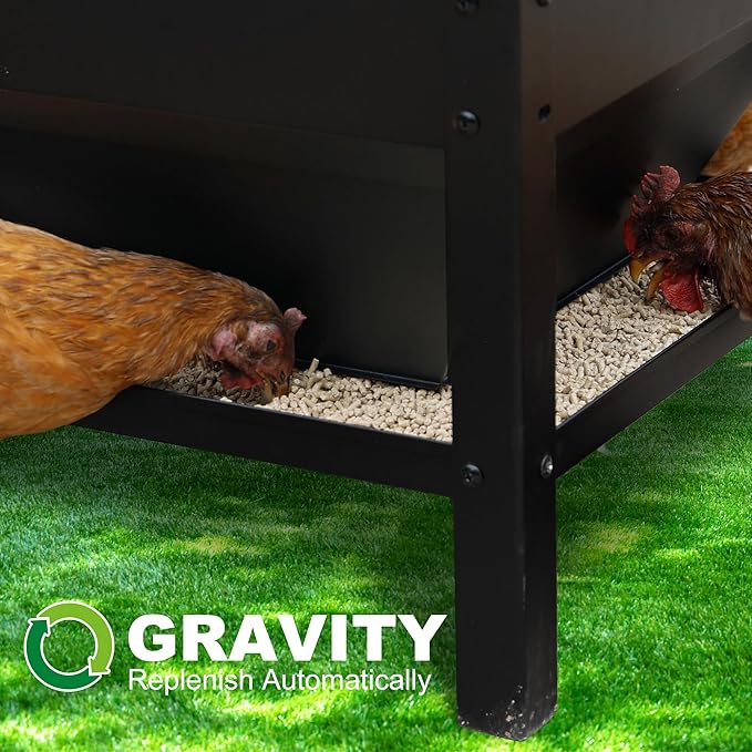 Solution4Patio All Metal Chicken Feeding Box 80 lbs Large Capacity Portable, Waterproof Lid, Hens and Roosters, No Waste Coop Poultry, Galvanized Steel Feeder Standing for Chickens