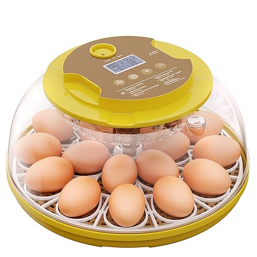 18 Egg Incubator with Automatic Egg Turning - Hatching Unit with Digital Control & Built-in Candler - Incubation System with 2 Hatcher Trays for Chicken, Duck, Goose, Quail, Parrot Eggs - Yellow