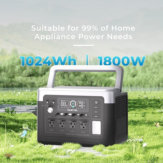 OUKITEL P1000 Plus 1800W/1024Wh Power Station with 100W Solar Panel, 1200W Fast Charging, Solar Generator with 4 AC Outlets (3600W Peak), APP Control Battery Backup for Home, Camping & RVs