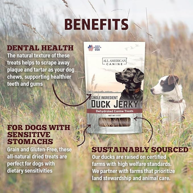 Duck Jerky, Natural Single Ingredient, Chewy Digestible Low-Fat Dehydrated Meat Dog Treats Made in USA. for Training, Rewarding, Teeth Cleaning, 8 oz